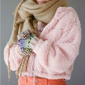 Urban Outfitters Hooded Cropped Teddy Jacket Pink